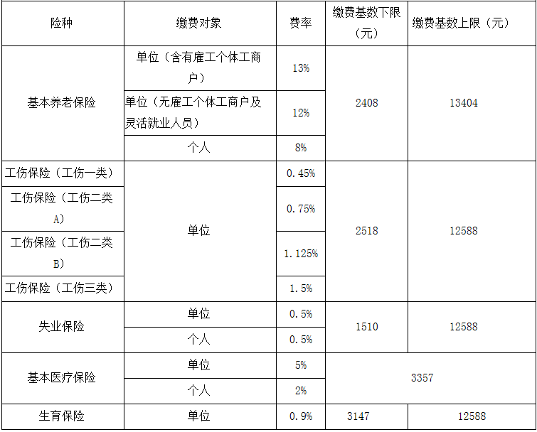 佛山市调整后各险种缴费标准见表