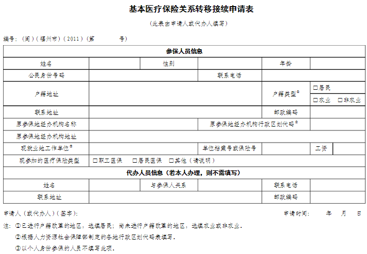 医保关系转移接续表