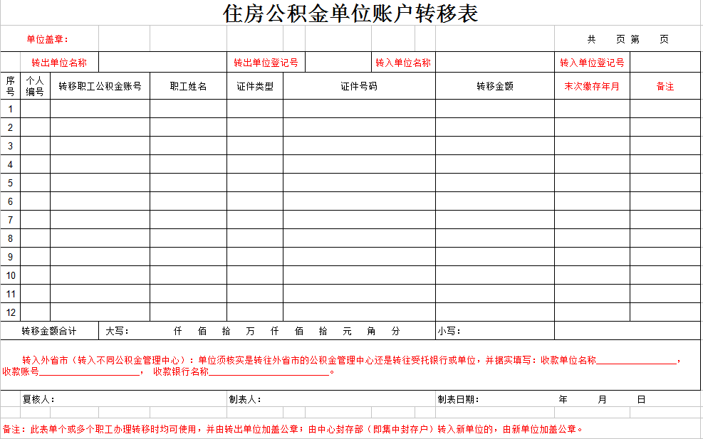 住房公积金单位账户转移表格