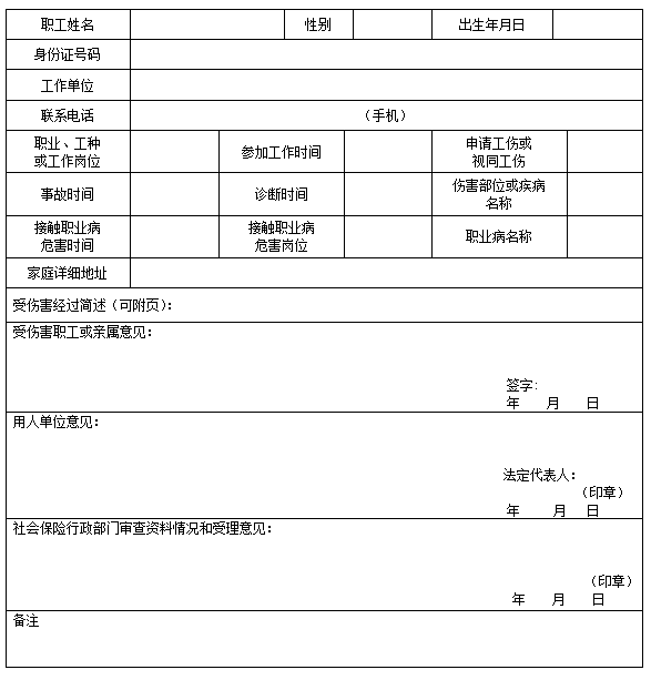 工伤认定申请表