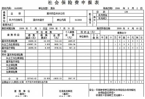 社会保险费申报表