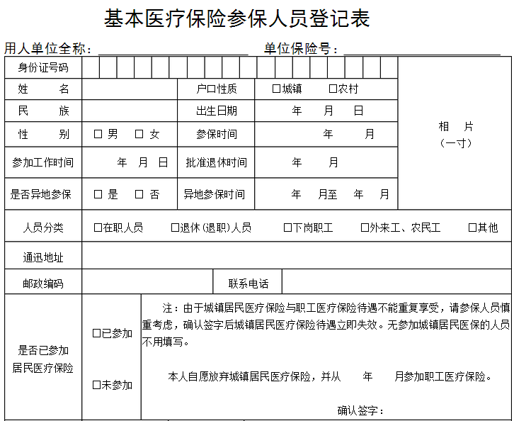 基本医疗保险参保人员登记表