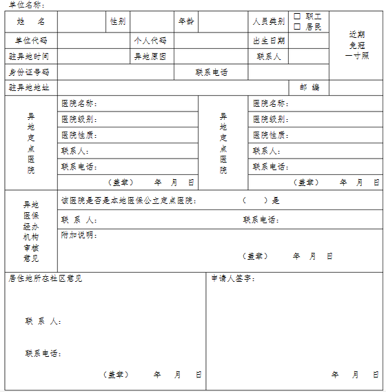 医疗保险异地登记表