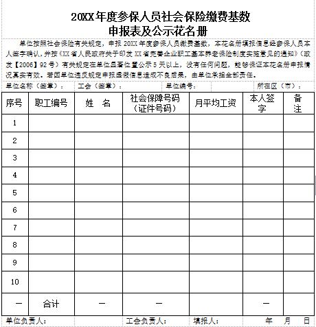 社保缴费基数申报表及公示花名册