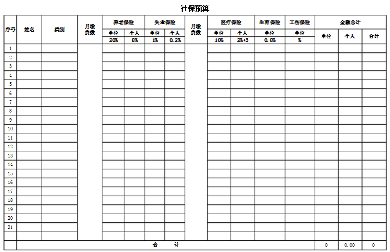 社会保险缴纳预算表
