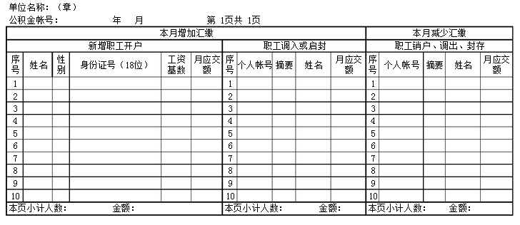 住房公积金汇缴变更清册表