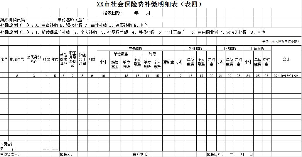 社会保险费补缴明细表
