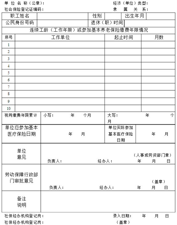 社保基本医保视同缴纳年限认定审批表
