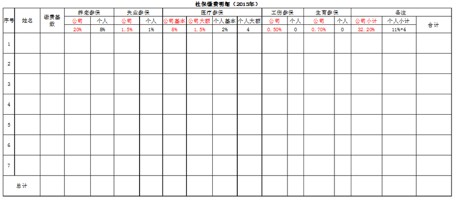 社保缴费明细表格