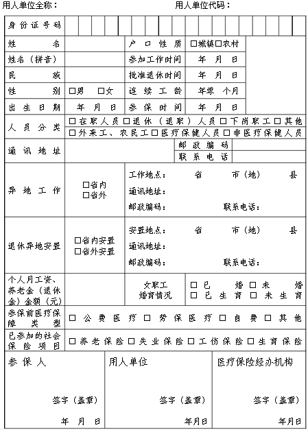 医疗保险信息登记表